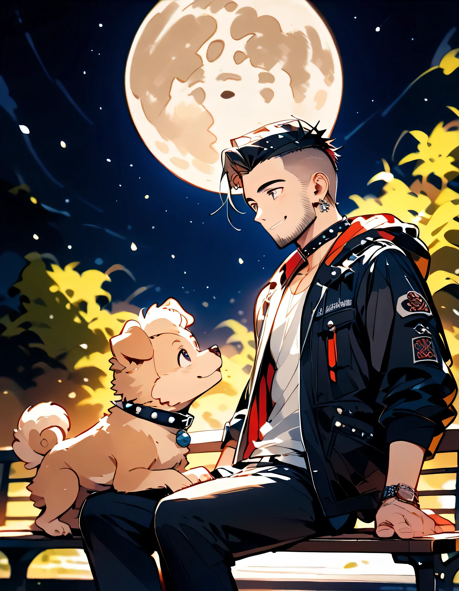 ((backview)),1man and 1dog,sitting bench,looking up moon:1.3,((((with small dog of Pomeranian(animal))))),man,upperbody,40years old,(The face of an old man with dignity),man's eyes,man's nose,man's mouth,smile,(short spiked hair),forehead,sidecut,undercut,beard,night beautiful moon,(samue, casual work-style garment, sturdy cotton fabric, traditional collar jacket and pants set),old japanese scene,(Complete Anatomy:1.3),manga style,sketch,illustration,best quality,