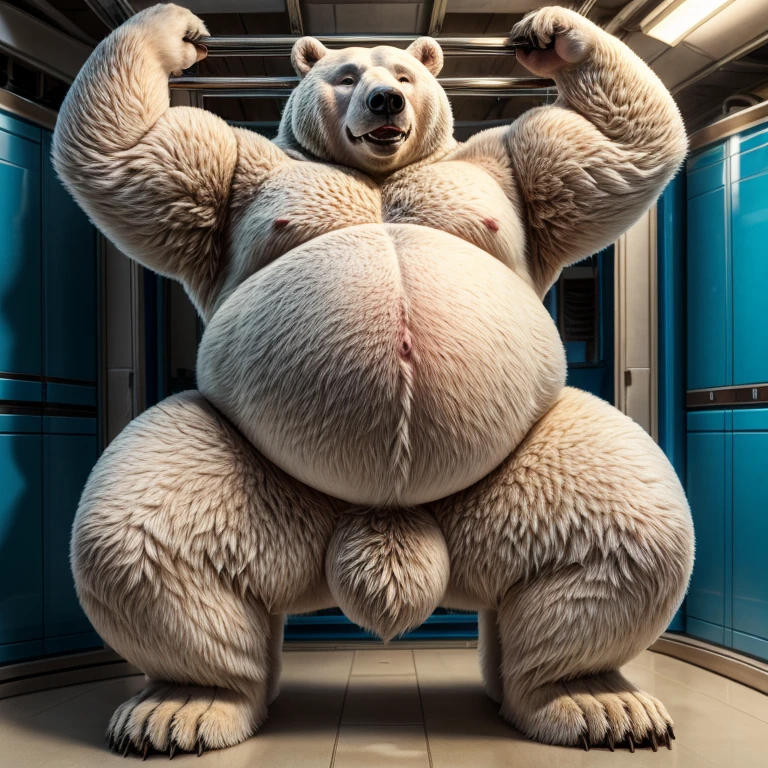 Muscular Polar Bear、Polar bear fur、All fours pose、Knee on the ground pose、Very huge muscles、Profile of face、Side view、Extremely large bulging crotch underwear、Male genitalia outline、Lots of pubic hair、Very long armpit hair、Thick chest hair、Composition looking up from diagonally below、Roaring Polar Bear、Concrete Background、thick torso、very short legs、Hairless head、Upward facing face