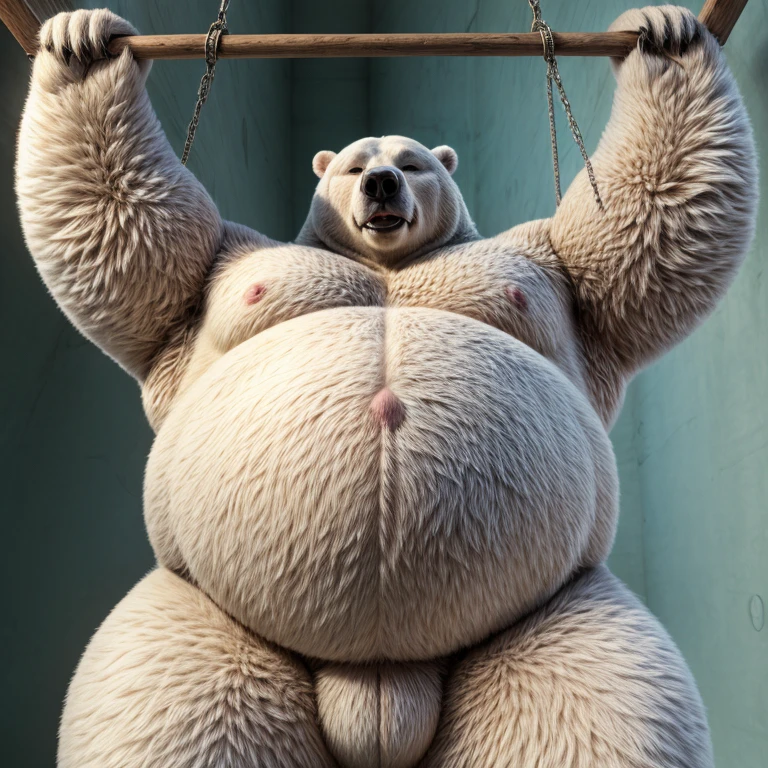Overweight polar bear、Polar bear fur、Lying down pose、Belly rubbing pose、Both hands touching the belly、Fat-filled abdomen、Profile of face、Side view、Extremely large bulging crotch underwear、Male genitalia outline、Lots of pubic hair、Very long armpit hair、Thick chest hair、Composition looking up from diagonally below、Roaring Polar Bear、Concrete Background、Long body、very short legs、Hairless head、Upward facing face、Sweaty body