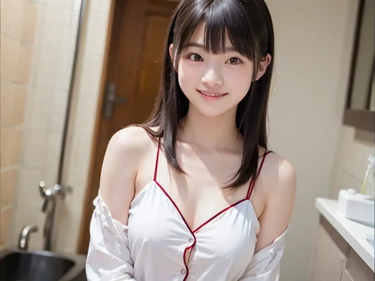 (without background、Pure white background)、14years、brown haired、beautidful eyes、real looking skin、hi-school girl、small tits、(8K、masterpiece)、(reallistic、Photorealsitic)、top-quality、ighly detailed、The ultra-detailliert、Beautie、cute little、japanes、idol、a smile、Close-up portrait、Healthy face、with light glowing