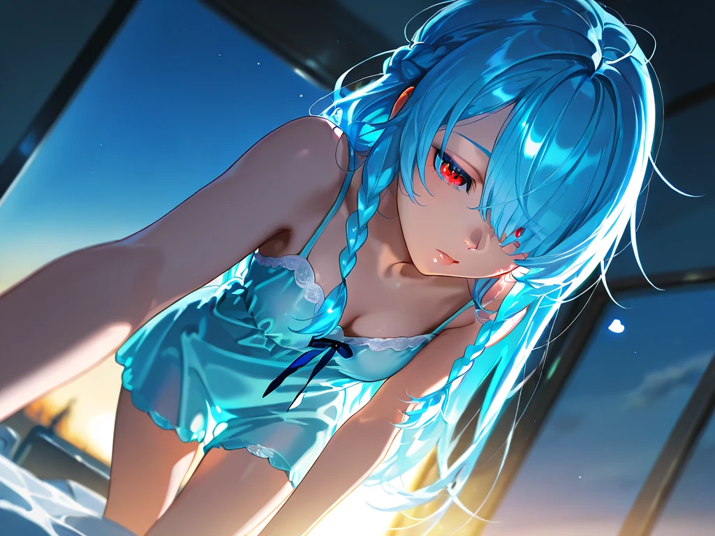 top-quality、supreme１People Girls,hightquality,, ((masuter piece)), ((High resolution)), ((Best Quality)), detail, (cum faced、Excited face.Very happy,), ((Glossy skin)), Young Woman:1.4、(Naughty underwear:1.3)、 girl with, lightblue hair, (Straight、Bangs Patsun)、、fair white skin:1.3、((all-fours:1.6))、Colossal tits, cinmatic lighting, perfectly shaded,(((Bedroom at night))), Realistic lighting with shades,、Photograph the whole body