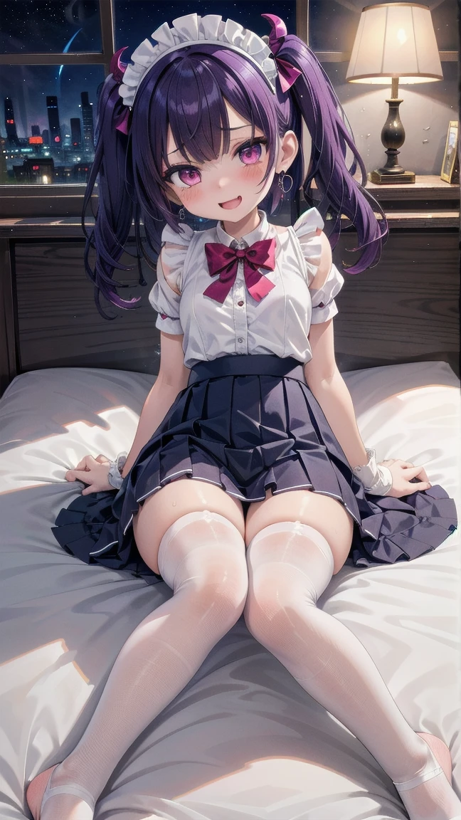 A white short-sleeved dress with a round collar and buttons in the front、White mini skirt、Black ribbon at collar、Belt on waist、Long straight purple hair down to her waist、Big red eyes、Small Nose、Big Mouth、Round face、Big Tits、anime、highest quality、High resolution、Cleavage、Moist eyes、Ahegao、Knee Up、Spread your legs wide、See-through nipples、barefoot、Pink nipples、Long Tongue、Exhibitionism、Masturbation、clitoris、Squirting、Vibe、urination