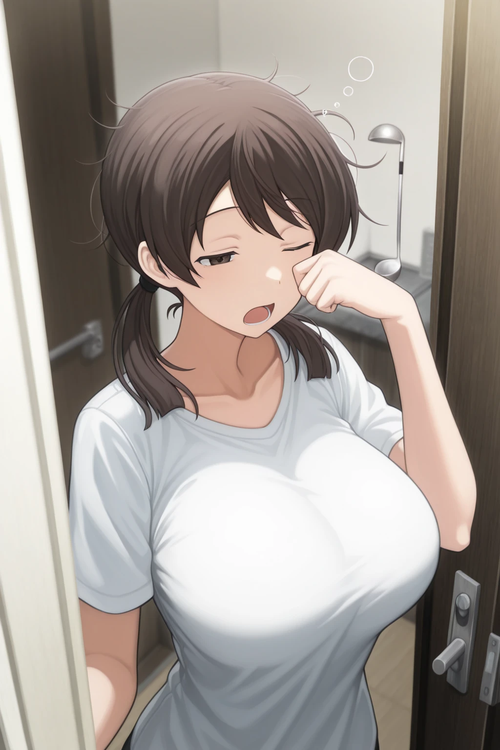 (Middle-aged man groping breasts)、nsfw,One Woman、10 years old、Primary school students、Completely naked、(Beautiful nipples)、((Small Breasts)),Highest quality、Very delicate and beautiful、((Very short bangs))、((Bangs))、Light shiny brown hair、The hair is light、((Short Bob))、Cute face、Young face、Cute like an idol、Yellow Eyes、Are thin、Slim figure、Short、(Child body type)、((Lots of sweat))、Embarrassed face、Open Mouth、Troubled face、Red face、(Bathroom at home)、Shooting from the side、Middle-aged man groping breasts、