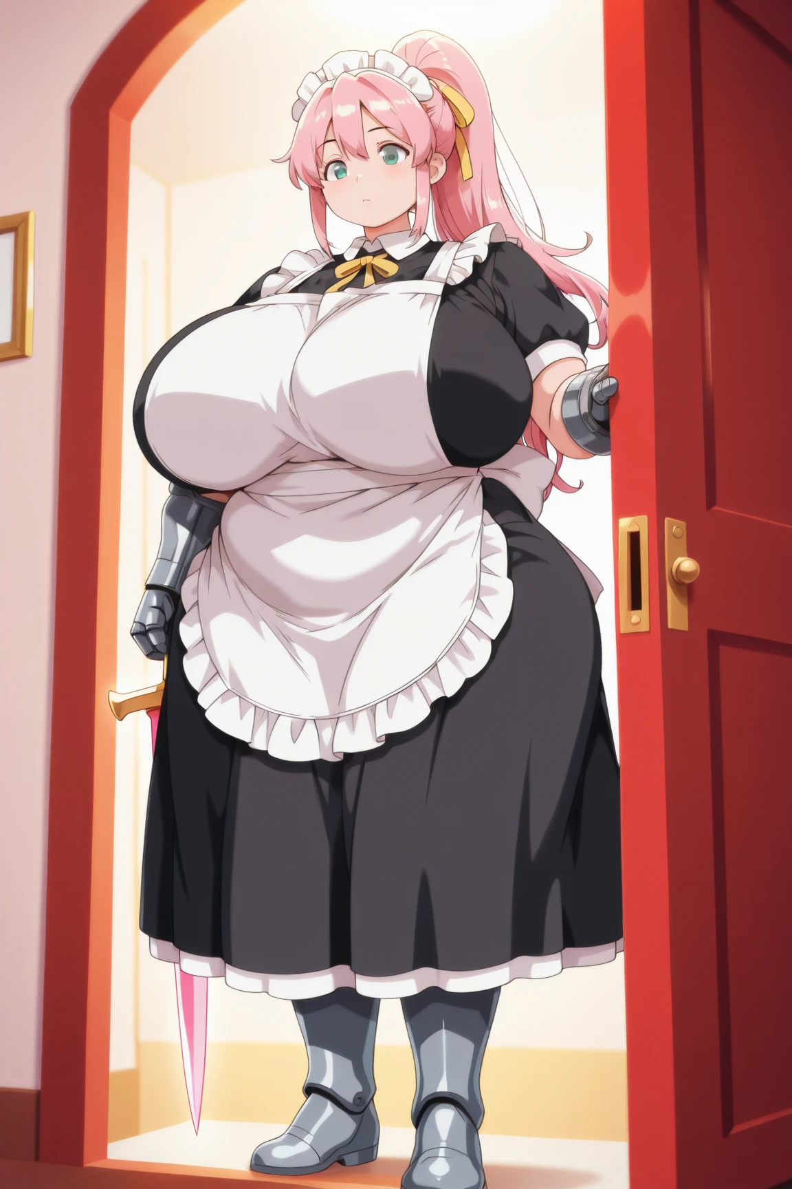 1 girls, (((bimbo))), ((massive breasts)), huge butt, huge nipples, puffy lips, (plump lips), big lips, blushing, nsfw, thick thighs, wide hips, ((maid dress)), tight clothes, skimpy maid dress