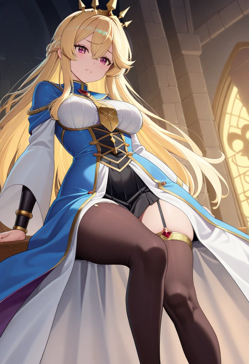 {Highest quality}, {とてもbeautiful}, {Super detailed}, {最高のAn illustration}, Browsing Caution, masterpiece, (((Skirt flip:1.5))),(((Showing off high leg random panties:1.5))), Red Cowboy Shot,(Golden Ratio,Tabletop, Highest quality, Highest quality, Official Art, beautifully、beautiful:1.2), Very detailed, colorful,Best details,An illustration, Great scene, (Adult,19 years old,One Girl, alone, Final Fantasy 12,Asheria, Long Hair, Long Hair,messy hair:1.5, Asheria Costume,A room in the palace、Bright interior、 Huge , embroidered mini skirt,Knee socks, Thighs Thighs Thighs Thighs, gem, Blue Belt,Belt number 1),Course of action, A look of contempt ,Blue Eyes:1.5, Shiny body, Two legs, breast focus, (((expensive))), Thin legs, ((Big round eyes)), Cute eyes, Droopy eyes, ((Adult)), both hands, Five Fingers, No extra hands,(Dark Blonde), ((medium breasts)), (Shining brightly), ((Spread your legs)), ((squat)), cameltoe:1.5, pubic hair:1.5,