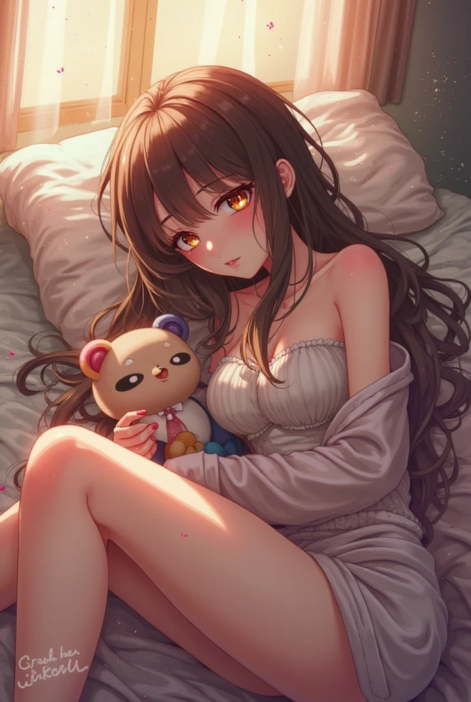 (Almofadas:1.2,plush bathrobe:1.3,criado mudo:1.1), Girl lying in bed with her teddy bear, abajur em meia-luz, estrelas no teto, tranquilidade, Cena noturna, liso, aconchegante