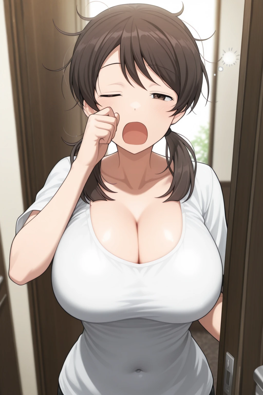 score_9, score_8_above, score_7_above, 1 girl, Sumireko Ogawa, white paboveils, Alone, hair above, the black shirt with one breast out, hood, green jacket, long sleeves, aboveper body,semen coming out of mouth, Cum on face, bites on chest, Bookshop, inside, depth of field, huge breasts, milf, mature woman, breasts pressed together, arms, looking at the viewer, ashamed, blush  