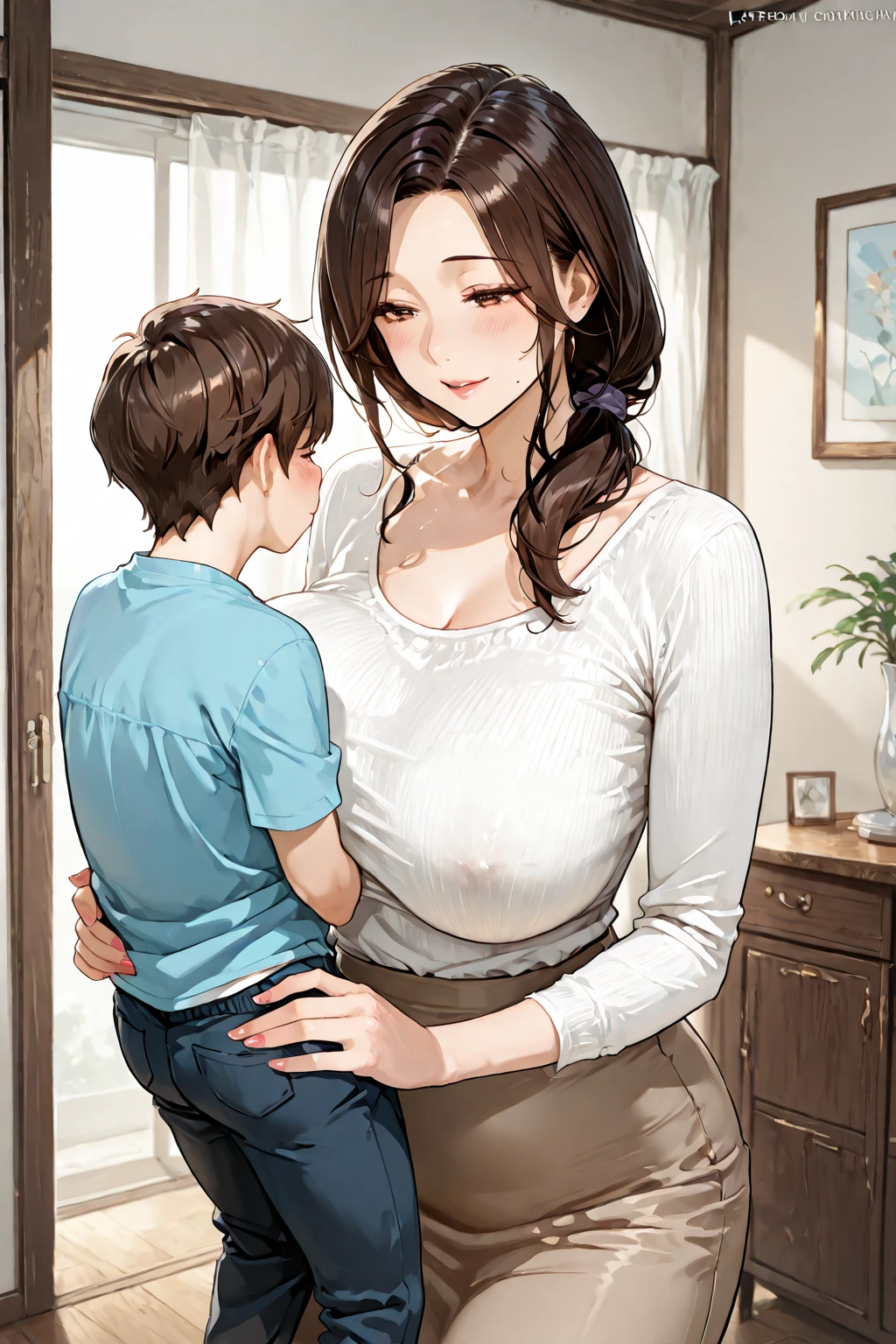 score_9, score_8_up, score_7_up, source_anime, anime screencap, 1mature_female, brown hair, brown eyes, low ponytail, large breasts, smile, 1boy, Shota, hug from behind, living room, standing
