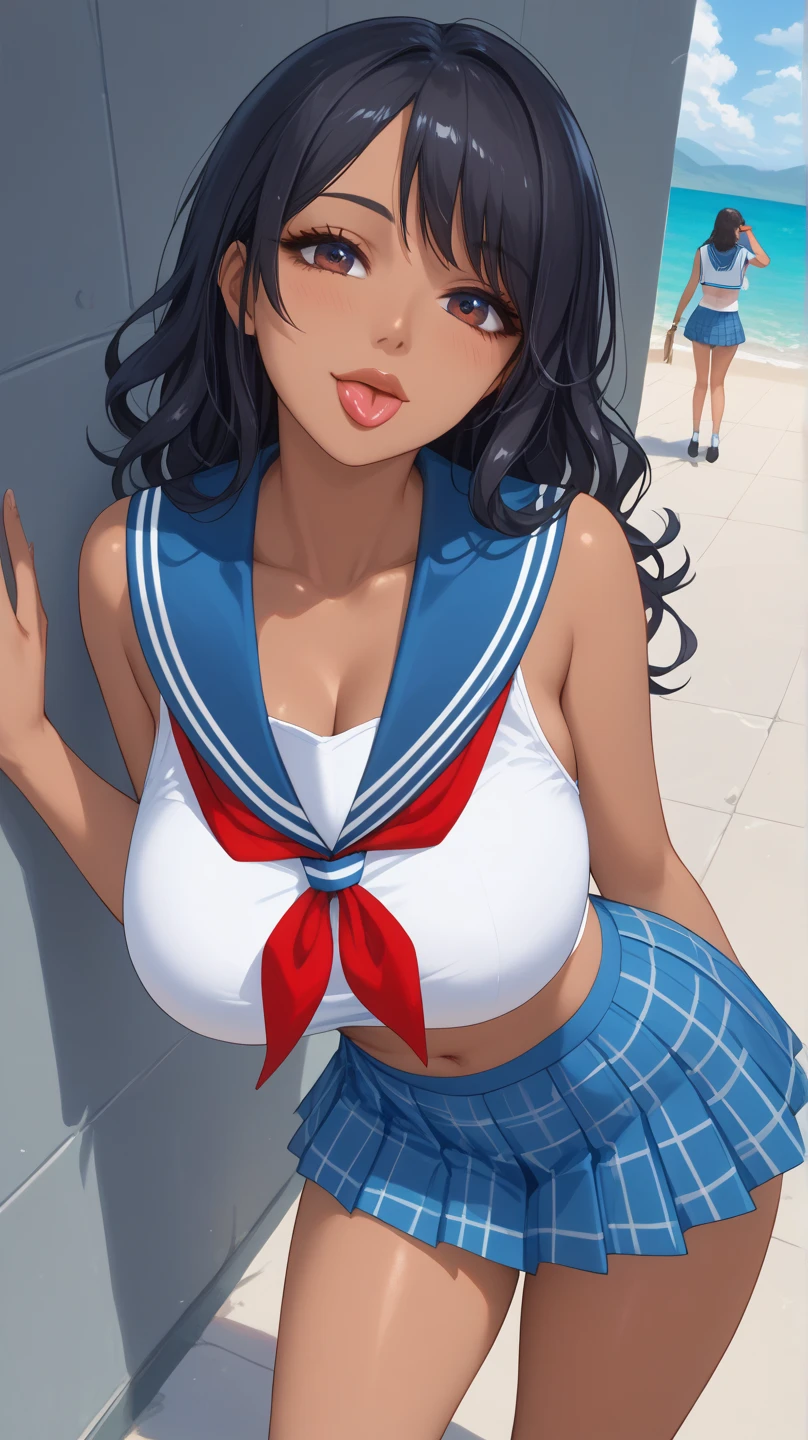 Highest quality、High resolution、Detailed Background、(Beautiful face in every detail:1.4)、Anatomically correct、(Detailed facial expressions)、(Detailed eyes:1.2)、Teenage beauty、(Highly detailed face:1.4)、(Huge breasts:1.4)、
Cute hair colour、Braided bob cut、Braided Ponytail、Braided twin tails、well-groomed eyebrows、Perfect body line、Attractive thighs、Do cute things、
(Sleeveless sailor suit:1.2)、Pleated mini skirt、White panties、no good、
My clothes are wet and transparent、Lying on the beach、Accentuate your breasts、Show your side、(underboob:1.2)、Panty Shot、
(Beautiful girl lying on the beach with a happy expression:1.5)