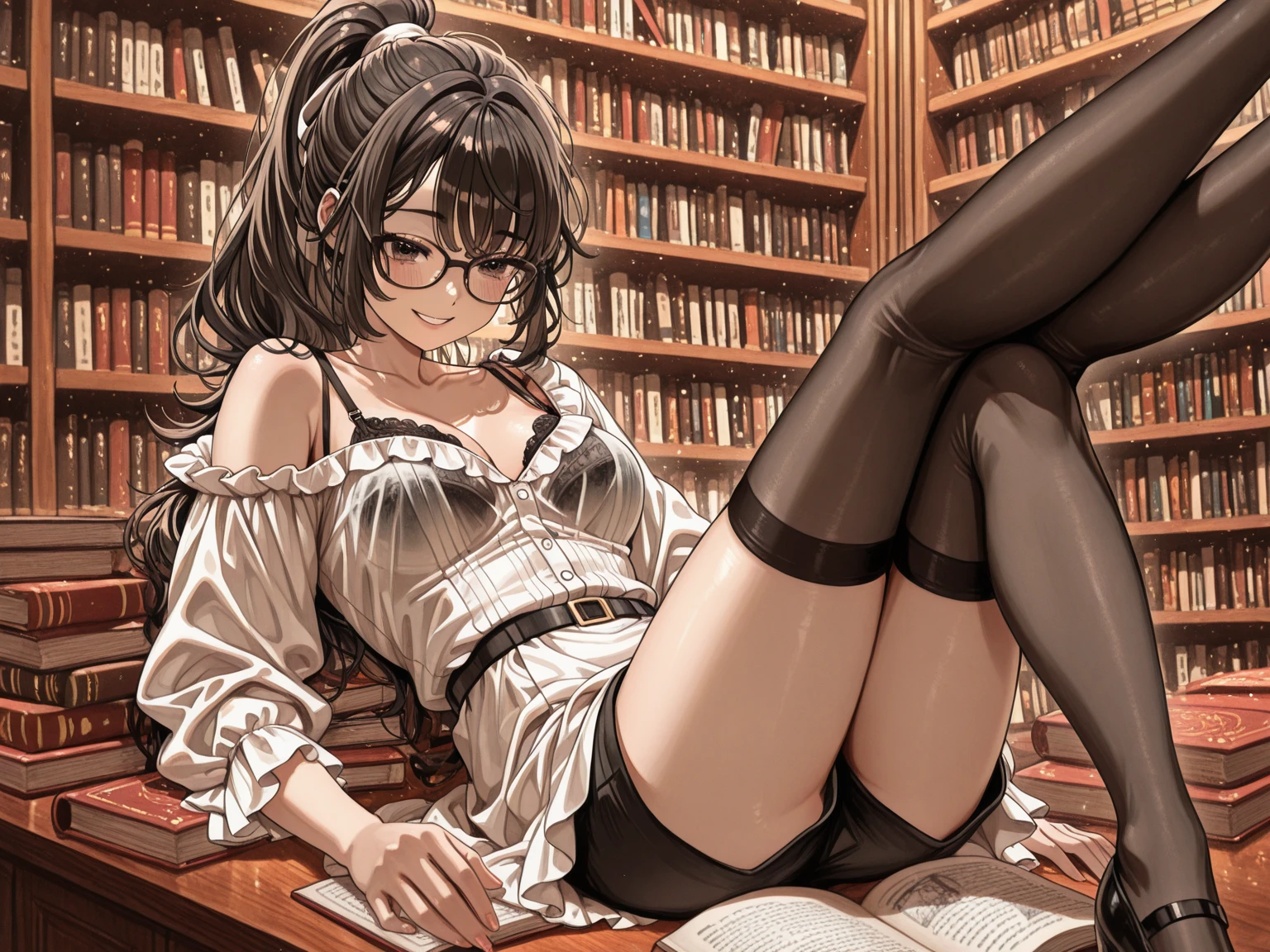((best quality)) ((masterpiece)) ((very detailed)) a beautiful adult woman is in a library, she is naked, her whole body is exposed, she is wearing glasses, her hair is tied up, she is slender , her breasts are gigantic, the woman is extremely sexy, she is taking an old book from the shelf, (view from below) very old books, old library, strong shadows, dark environment, full body, ((full body)).