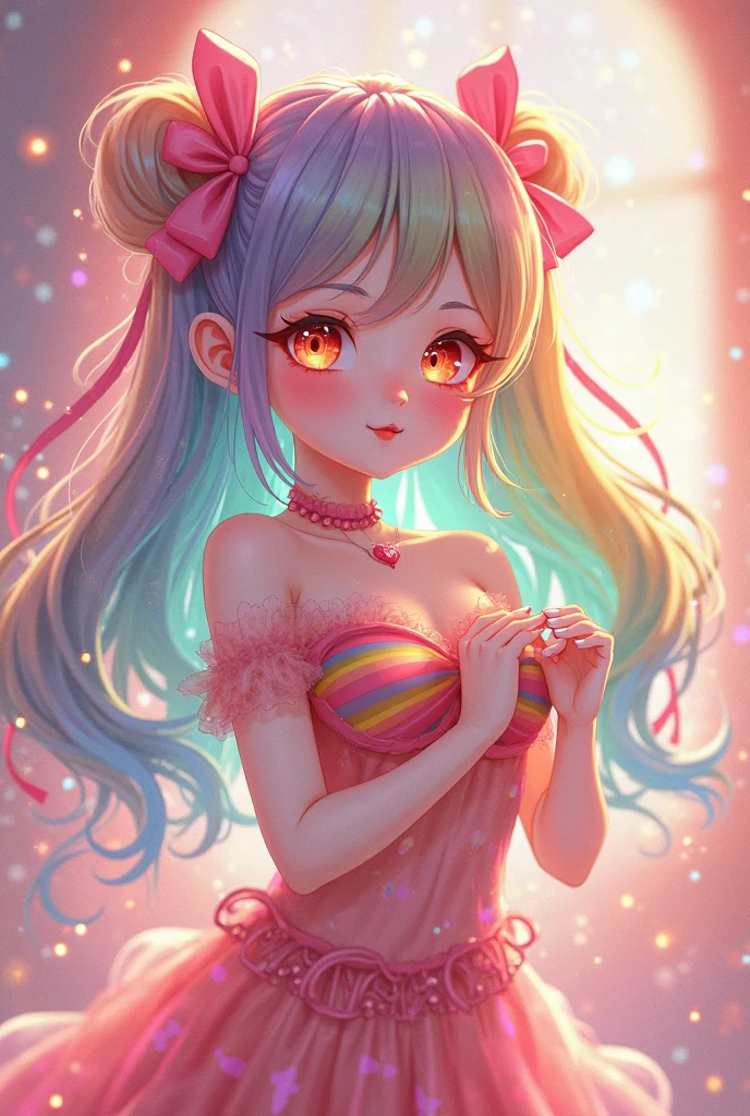 Bright sunlight pours down in the upper right of the frame,A hyperrealistic airbrush illustration of "hikari" the cute cartoon character with pink and green hair, smiling and showing off her bright colorful necklace while wearing candy earrings and bracelets. She has long nails decorated in jewels, her eyes have pink frames, the background is blue. The style is vibrant digital art in the style of Hajime Sorayama.