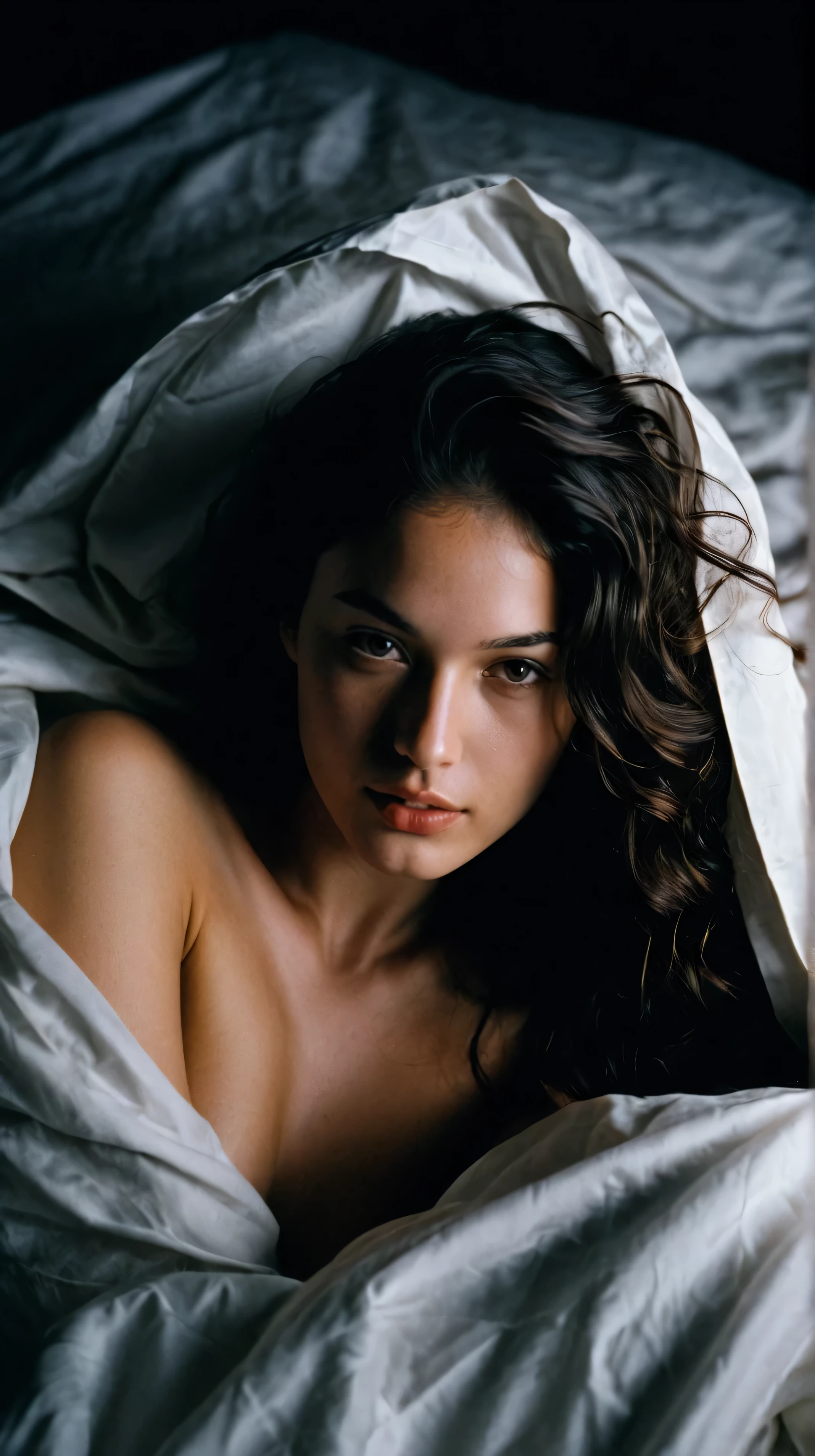 (Skin texture), Super high res portrait photo of a woman , wearing nothing,f /2.8, Canon, 85mm,cinematic, high quality, skin texture, looking at the camera,  free hair,,in bed