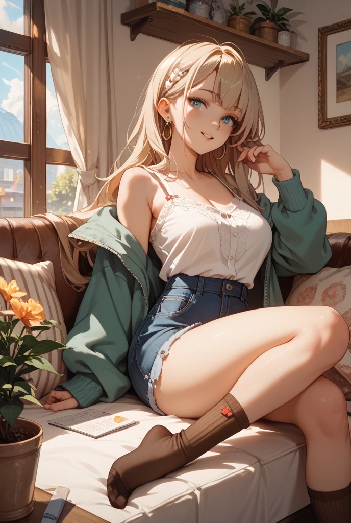 nsfw:1.5, ((((highest quality)))), (((Ultra-precision CG 16K))), (((masterpiece))), (((Very detailed))), (((Extremely detailed))), (((Black outline:1.3, Written boundary depth:1.3 , Written soft outline))), Maximum clarity and sharpness,Multilayer Texture, Surface Shading, Cinematic lighting, Beautiful details sparkle ,Perfect Proportions, Limited to three woman, BREAK accurate, Anatomically correct, Highly detailed face and skin texture, drawn in detail, Highly detailed facial and skin texture, Detailed eyes, beautiful hair, Beautiful Japanese Idol face, Beautiful and beautiful eyes, Beautiful body, Beautiful breasts, Beautiful thighs, Beautiful legs, Beautiful fingers, (Beautiful views) , skinny body, ((Beautiful Skin)), ((Skin Texture)) , solo, limited one girl BREAK breast enlarged, medium Breasts, rocket breasts, (((perky breasts))), ((covered nipples)), slender waist, (smiling , narrow eyes, brown eyes, blush, determined expression, hot, sweaty , Heavy breathing,) BREAK ((streaked hair, hair intakes, colored inner hair, several hairstyles )) BREAK (((wearing oversized character printed tank top, wearing Jersey in a casual way, wearing pleats mini-skirt , breasts is covered by outfit))) , wearing earrings, BREAK ((( a woman in the bedroom, ((lying down on her back on the bed)), put her hand on her forehead, looking at viewer ))),