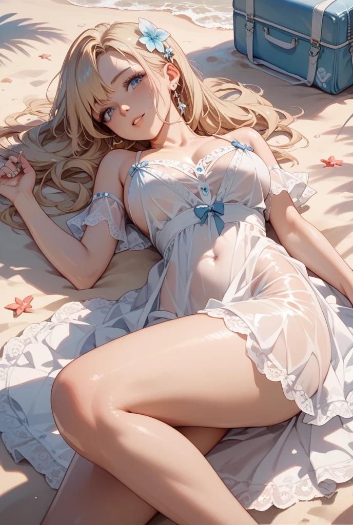 (1girl:1.3), solo, rosalina, woman, adult, swimwear, flower, dress, blonde hair, hair covering one eye, blue eyes, barefoot, ((high detailed, best quality, masterpiece, 4k))