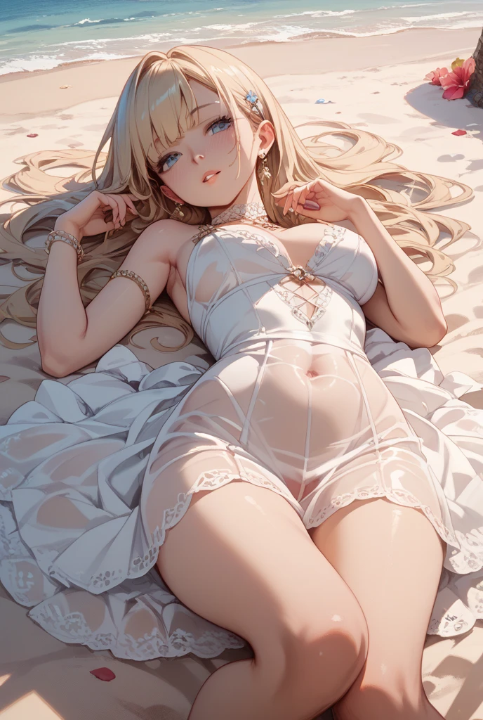Asuna Yuki in white lingerie, lying on a bed with rose petals around her and she is in a sexy position 