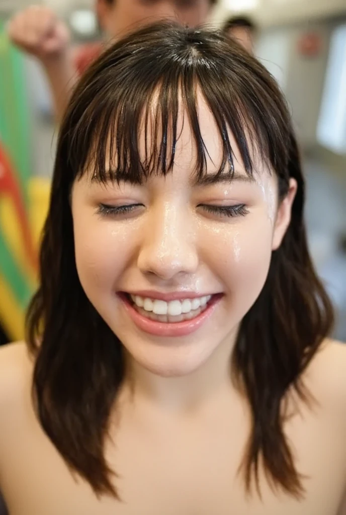 Prompt: (GeGe:1.9), (woman), (brunette), (brown eyes), (freckles:1.4), score_9, score_8_up, score_7_up, score_6_up, 8k, very detailed, high detailed texture, depth of field:1.3), volumetric lighting, photo, realistic, photorealistic, score_9, score_8_up, score_7_up, score_6_up, score_5_up, score_4_up, BREAK, RAW, 8k, source_photo, source_real, Low quality, traditional media, amateur, real life photo, film grain, detailed face, absurdres, 1girl, 39yo, cute face, long brown ponytail, brown hair, fashion makeup, cum covered, cum on face, large breasts, horny, blush, (above view:1.5), cheerleader outfit,