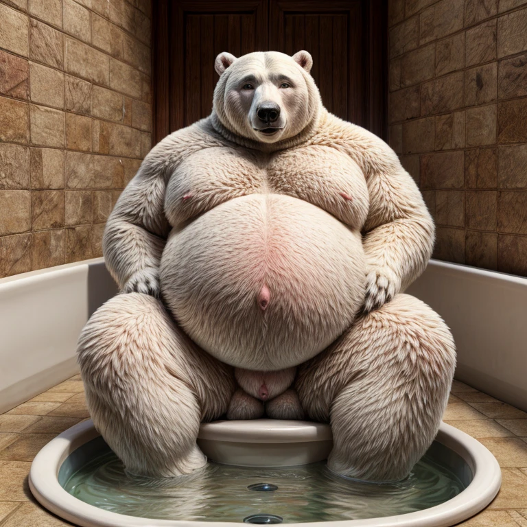 a huge dog taking a large dump sitting in bathtub, muscular male, muscular, male focus, short hair,huge belly,grabbing belly,vore,showing up huge sexy paw soles