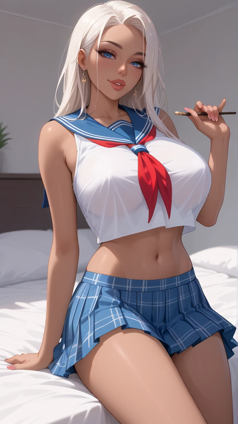 Blonde gray hair, Straight hair, Spread hair, Long hair, PUPILS SPARKLING, long eyelashes, Blue eyes, makeup, Smile, Color Field Painting, Contemporary art,double whirlwind pattern design garment,Iris heterochromatic pupil,((girl with silver ponytail))((off-shoulder white sailor uniform)),((red necktie))、((Navy blue detailed flared miniskirt))((Black stockings))((Black High Heels))、Wallpaper HD of,off shoulders、((erectile nipple))、(Puffy eyes:1.2)、 (Slim legs),(Light shines on the face and chest)、(((((underboob)))))、Lower breast、Oily skin、skinny、 (the underside of the chest is slightly visible),(Visible lower milk、I can see your belly button and ribs)、Hip bones and lower abdomen are visible、Dark blue flared skirt、(lift up skirt),((White T-back panties visible)),((Milky Way galaxy in the background))、 Northern Renaissance, Blurred, blending, From below, From Side, the panorama, ultra wide-angle, Wide Angle, F/1.8, 135 mm, canon, nffsw, retinas, masutepiece, Elaborate, Anatomically correct, Skin Texture, Super Detail, high detailing, High quality, hight resolution, 1080p, hard disk, 4K, 8K, of the highest quality, Sexy Pose , ((cheer girl)), serafuku, Japanese school sailor uniform, darkblue pleated skirt:1.27), (From below, White thong, 1.24),(top-quality)、 (masterpiece)、(Professional lighting with fewer shadows)、 (A hyper-realistic)、 (perfect anatomia)、 (In front of the camera、There are two women、Bangs and forehead、And moles under the eyes), (Bright and even whitening skin without wrinkles and steps:1.5), (Beautiful blue eyes with long eyelashes and red tear bags:1.5), (Two people proudly sticking out their chests in front of the camera.:1.2), (Another person on the other side、Turned back with arched hips)、