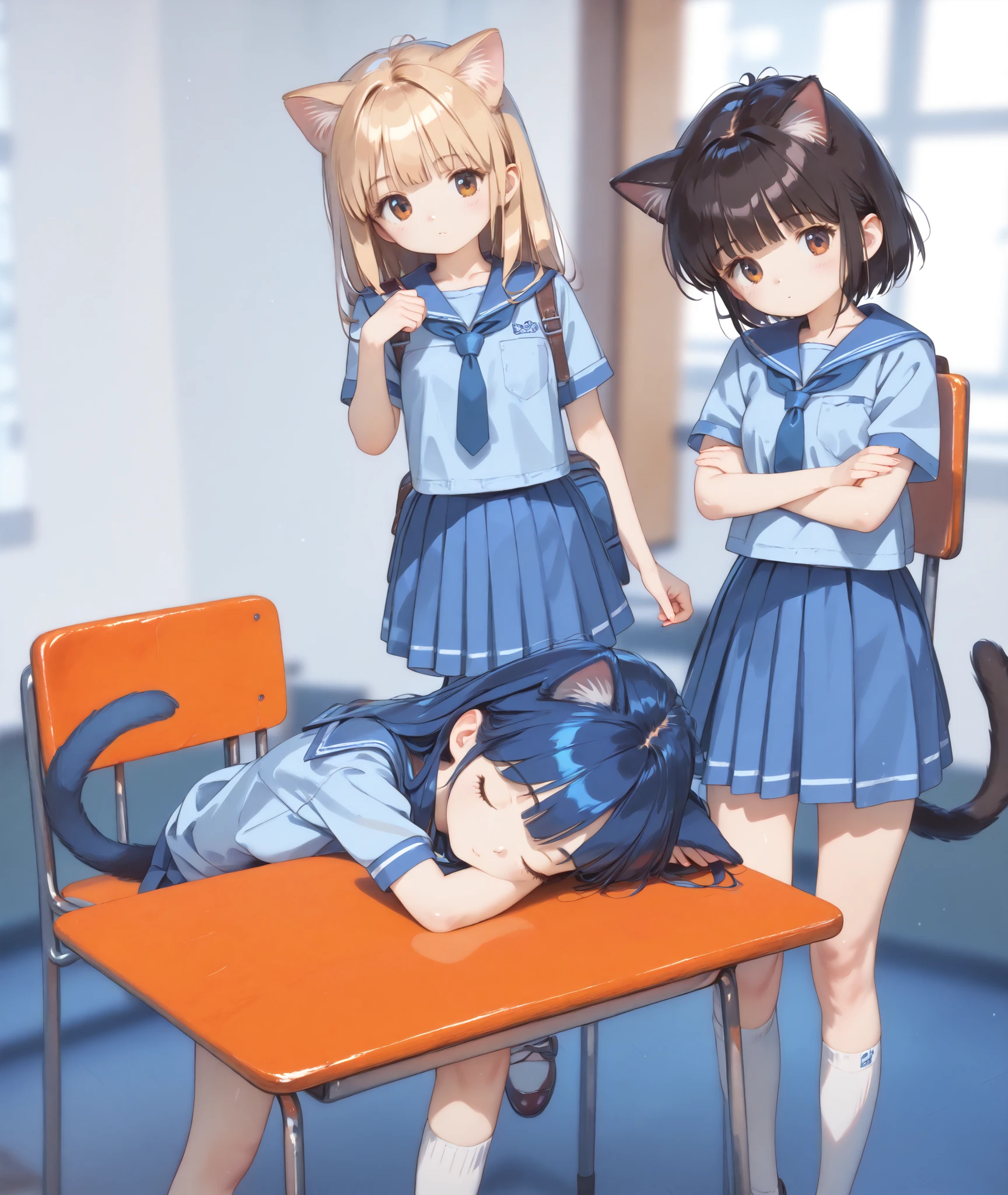 (masterpiece:1.2), (top quality:1.1), (Very Detailed), (The best shape), (best shadows), (Ridiculous), (detail Background), (very pretty), shiny, Beautiful Eyes in Every Detail, Extraordinary, countershading, 8k, 32K, high res, Very detail CG, 超high res, Source_anime, Retro Art Style, 1990s (style), (pastel painting:1.2), (watercolor:1.2), (masterpiece, detail:1.2), (perspective:1.2), cinematic, Dramatic, (depth of field:1.4), (blurry background:1.4), (Realistic Background:1.4),、school、classroom、3 girls、Cat ears、cat tail、One person sleeping and two people in trouble、sailor suit