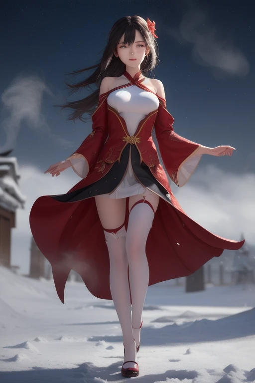 1girl,black hair,Beautiful face, Asian woman, Chinese style clothing,Red cape,full body,outdoors,snow,snowing,solo,winter,Master lens, golden ratio composition, (Canon 200mm f2.8L) shooting, large aperture, background blur.