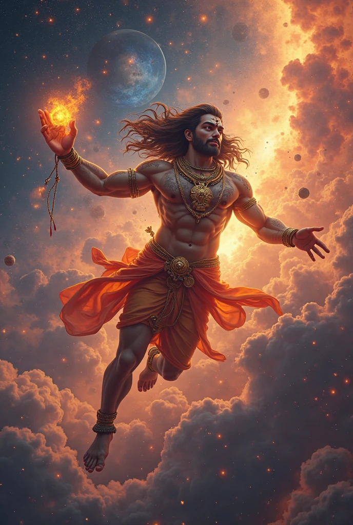 Create one beutiful hanuman ji photo flying in the space having more powerful 