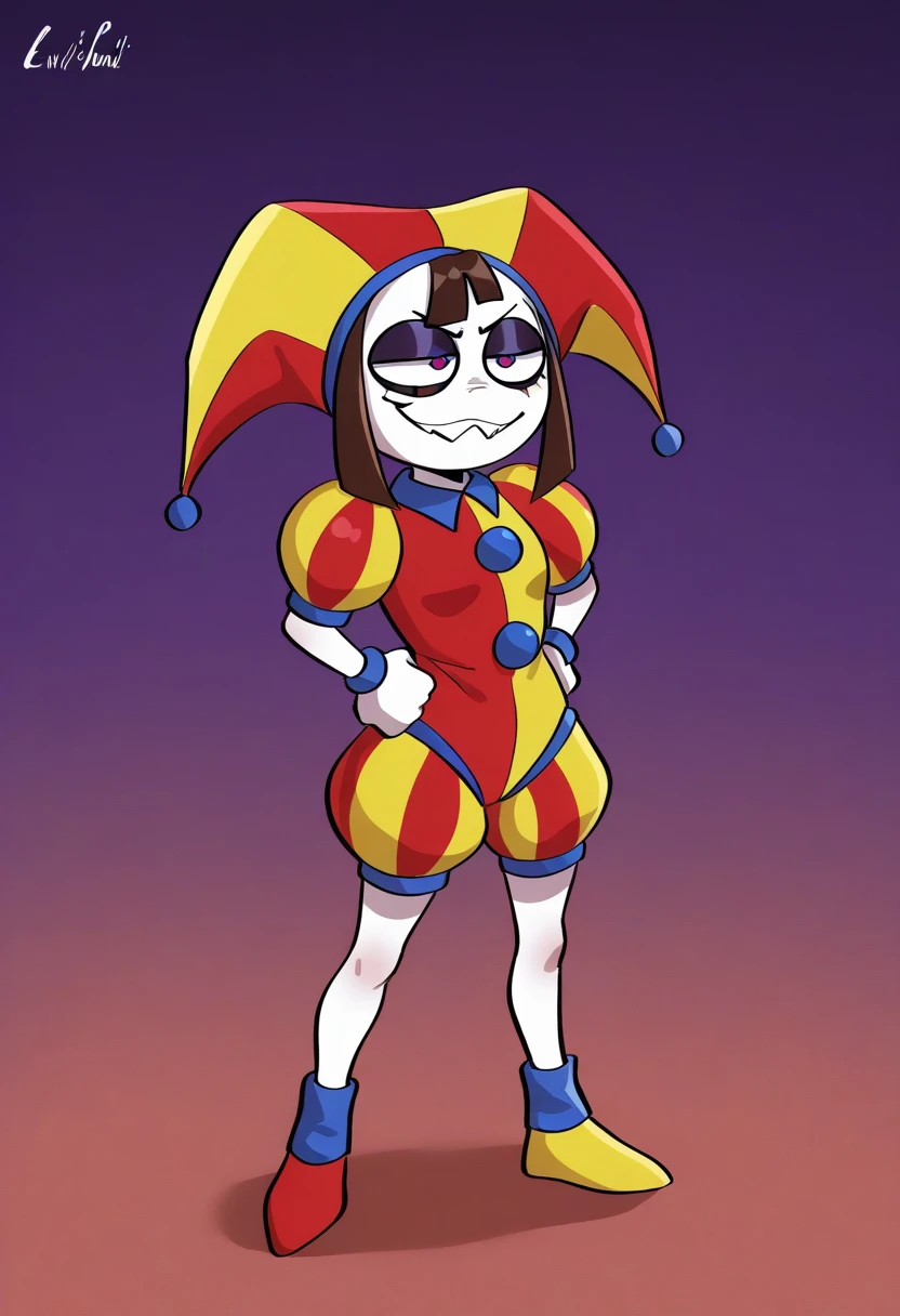 clown circus girl , half demon face mask on the head , full body