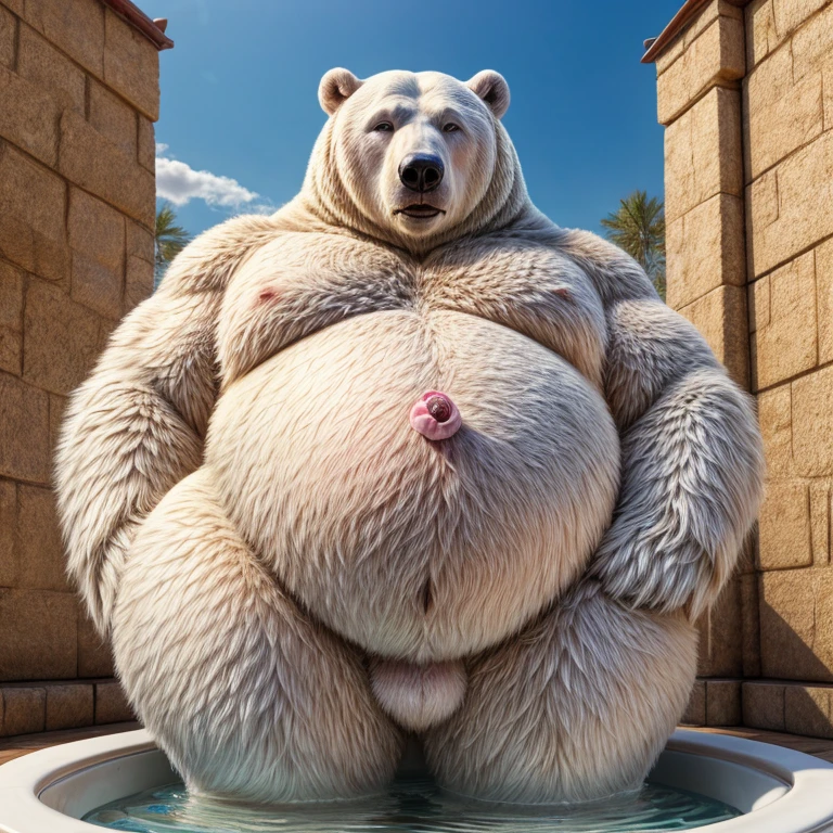 Overweight polar bear、Polar bear fur、Lying down pose、Belly rubbing pose、Both hands touching the belly、Fat-filled abdomen、Profile of face、Side view、Extremely large bulging crotch underwear、Male genitalia outline、Lots of pubic hair、Very long armpit hair、Thick chest hair、Composition looking up from diagonally below、Roaring Polar Bear、Concrete Background、Long body、very short legs、Hairless head、Upward facing face、Sweaty body、A lot of water spilling from the mouth