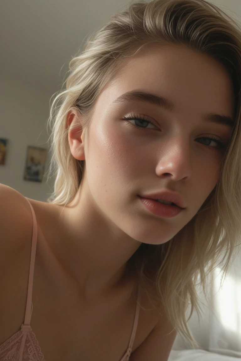 (Selfie, photoshot: 1.4), RAW UHD Portrait of 1 18 Year Old Blonde, blue colored eyes, photo in the living room of the house, breasts big (neckleace), detaileds ( fabric, body hair, sheen, Farbe), Olhos brilhantes com alto nível de detaileds (looking at the camera), SLR Lighting, ultra quality, sharpening, Depth of field, detaileds de olhos complexos, fully body, breasts big, light freckles on the face, ultra realistic 8k