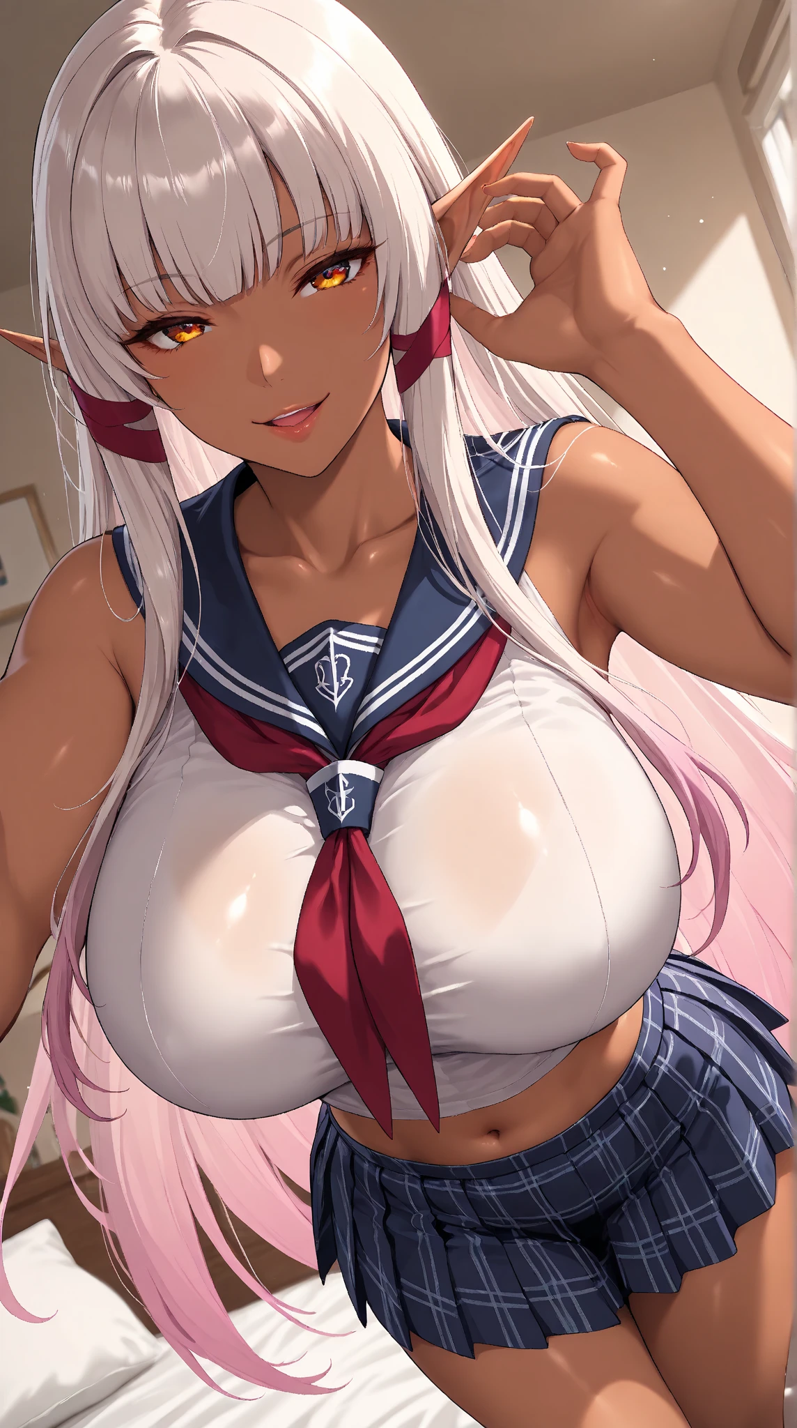 highest quality、High resolution、detailed background、beautiful and detailed face、beautiful and smooth skin、skin texture、Beautiful teenage girl、(huge breasts:1.3)、cute編込みポニーテール、
(pink floral embroidered panties、No bra、under squat down))、show me your pants、panty shot、
(highly exposed)、((virgin killer sweater:1.5)、white knee high socks、white overknee socks、Accessories such as flower hairpins and ribbons、cute、
perfect body line、Well-defined body、emphasize the chest、emphasize cleavage、legs open、Look at me with a slightly troubled expression、blush、underboob、panty shot、camel toe