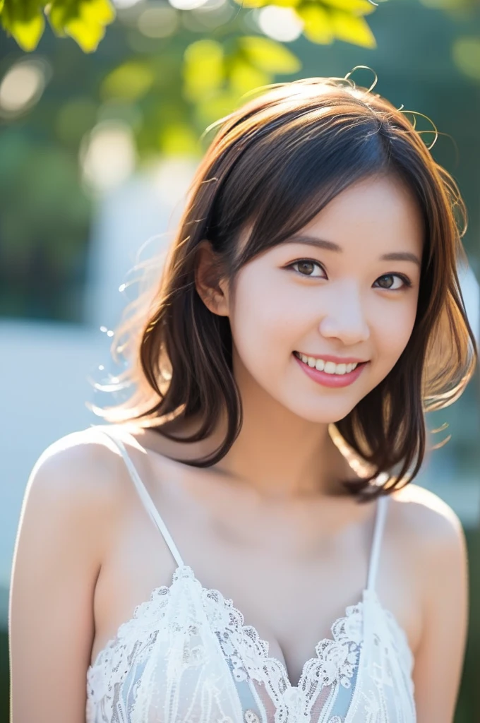 masterpiece,best quality,(Japanese ),((Beautiful girl)),cleavage,(perfect body beauty:1.2),(shy smile),beautiful teeth,(Blurred background of brick buildings),