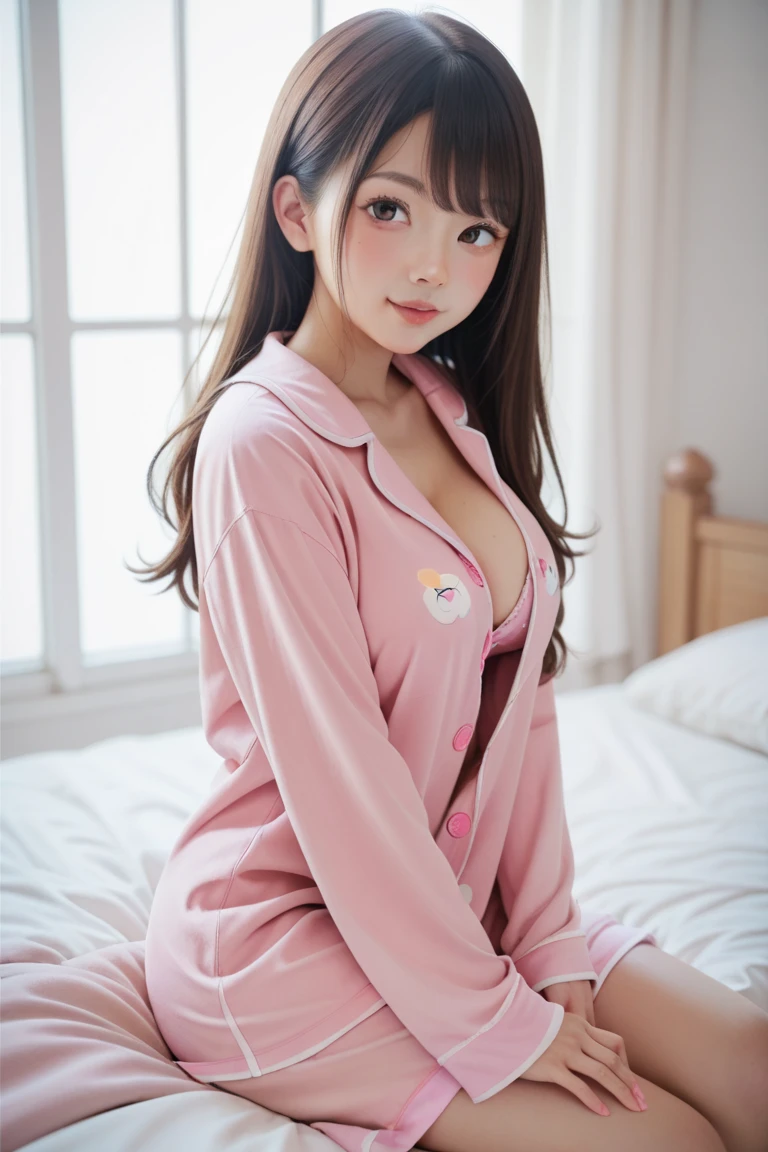 masterpiece、high quality、ピンクのWearing pajamasソファでポーズをとるかわいい女の子, Nightwear, Wearing pajamas, 白いWearing pajamas, Pink clothes, ゆったりしたWearing pajamasいる, (night:1.5, Dark Room:1.5, Dim lighting), Smooth, white, fluffy clothing、Cute face with arms and legochako, Brush Sticker, Big cleavage、(Japanese jirai kei girl:1.5, jirai kei makeup:1.3)、
