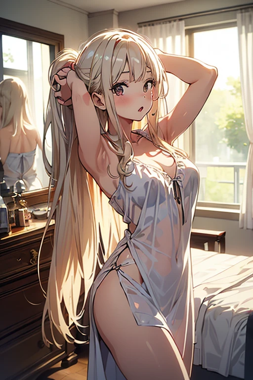 realistic、highest quality、1 girl、20-year-old、light colored hair、earrings、embarrassed face、flashy underwear、beautiful elfie、butt、hotel room、particles of light、professional lighting