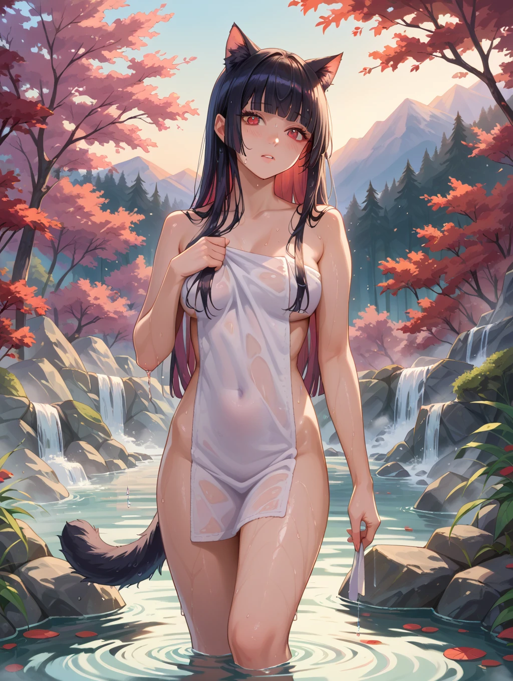 anime artwork, score_9, score_8_up, score_7_up, score_6_up, score_5_up, score_4_up,sparkle \(honkai: star rail\),1girl, twintails, black hair, small breasts, red eyes, red eyeshadow,  fox mask, , , , , she is 24 years old, , ,horny, style_3, floox style, . She has fluorescent pink eyes with tiny black dots under each of her eyes.. naked,  onsen, naughty smile, in water, standing, leaning forward, , nude,naked, nipples, ass, heavenly ass