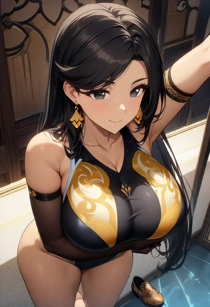 (masterpiece:1.2), (best quality:1.2), perfect eyes, perfect face, perfect lighting, 1girl, mature female dancing in a medieval tavern, (thick hair | styled hair), arms up, smiling, sweat, dancer, silk, harem outfit, mouth veil, jewelry, chains, see-through, thick eyelashes, makeup, eyeshadow, fantasy, detailed background