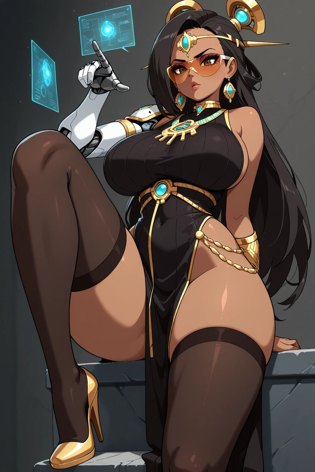 solo, 1 girl, (royal garb), very long hair, black hair, angry, yellow eyes, (((muscular))), ((huge tits)), (thick thighs)), ((wide hips)), pale skin