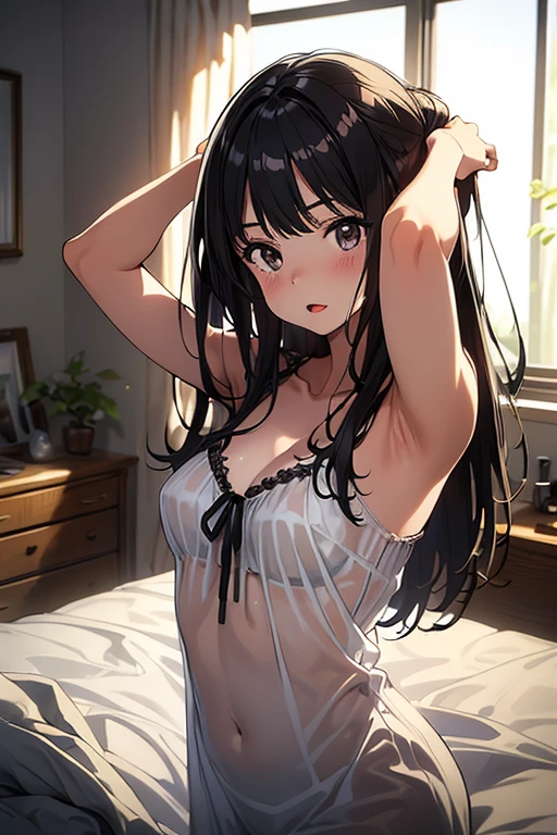 (best quality,4k,8k,highres,masterpiece:1.2),ultra-detailed,strong line,beautiful detailed eyes,Highly detailed eyes and face,Impasto,Oil Painting,strong lineart,wet skin,Realistic,shiny skin,ink drawing,anime,バレーボール、on bed、