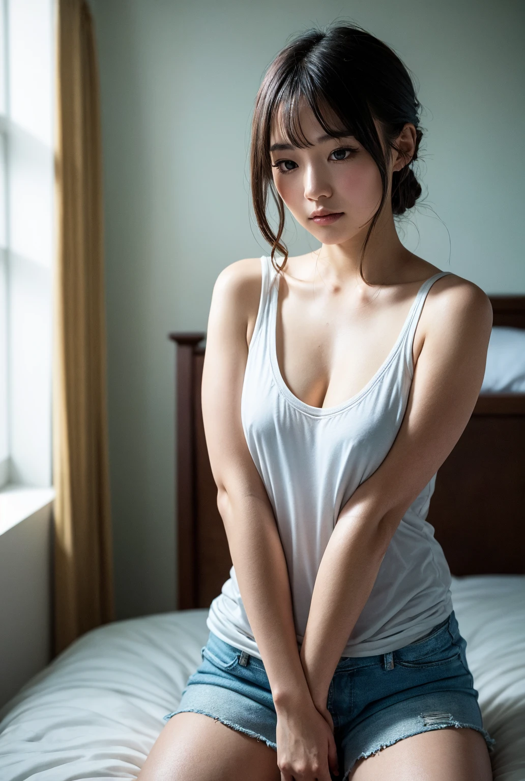 ((highest quality, 8K, masterpiece :1.3)), Photorealistic、Ultra-high resolution、Natural skin texture、Hyperrealism、Photograph from the knee up、13 year old beautiful Japanese girl、Breasts with a clearly defined shape、Sleeveless white shirt、Staring straight ahead、A tense expression