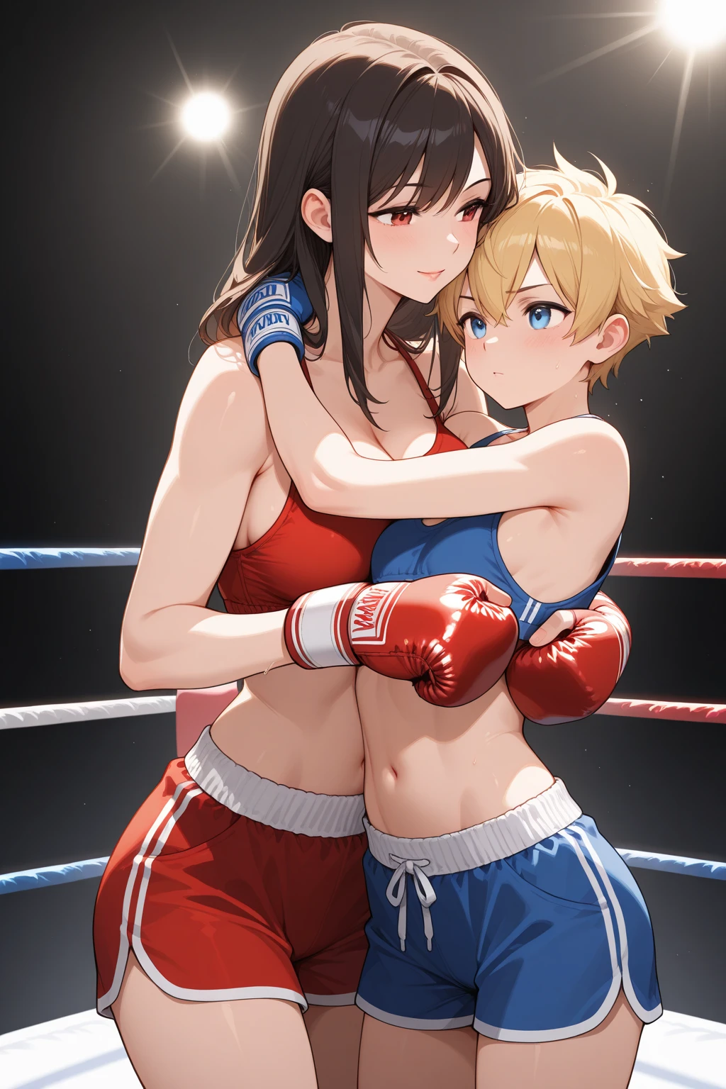 ((Mature female boxer and boxer girl)), sexy lips, sports bra, ((boxing gloves ,sweat all over the body,(An enthusiastic look),steam,((Hugs boxer girl from behind)),((two womans)),in crotch,Inserted at the back,eyes rolling,Ripe body,Immature Body,NSFW,female face,standing back