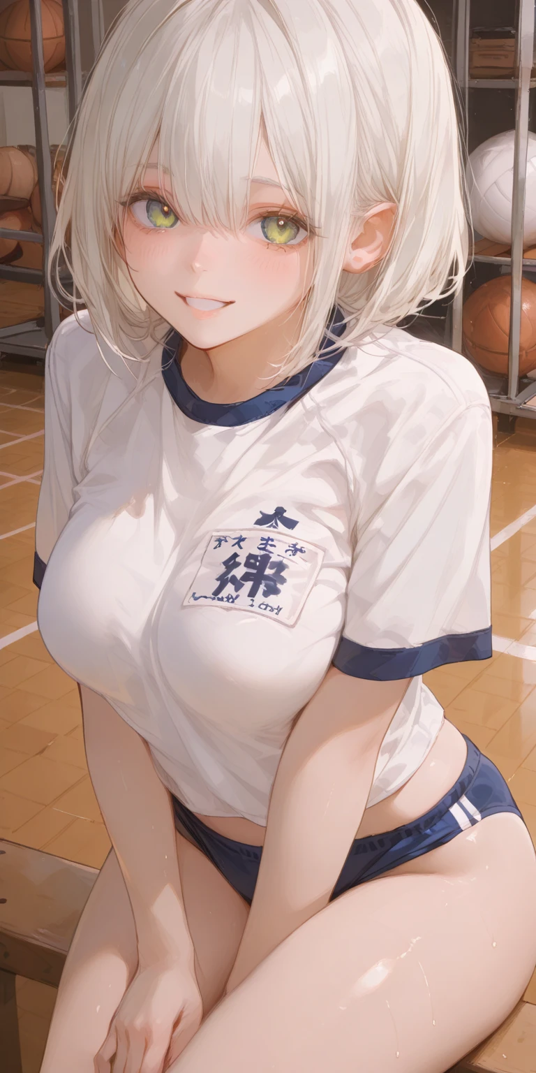 (masutepiece:1.2), (Best Quality), (ultra-detailliert), (8K, 4K, Convoluted),(FULL BODYSHOT:1.2),(cowboys:1.2),(Highly detailed:1.2),(Detailed face:1.2), (Detailed background),(Portrait),Detailed landscapes, (Dynamic Pose:1.2),Uzaki 1 Female, Solo, breasts, Looking at Viewer, blush, Smile, Short hair, Open mouth, Blue eyes, Large breasts, Shirt, Upper body, Grey Hair, tusk, clothes writing, Bright pupils, skinFang, white pupil, raglan sleeves, Roman text, Hana Uzaki