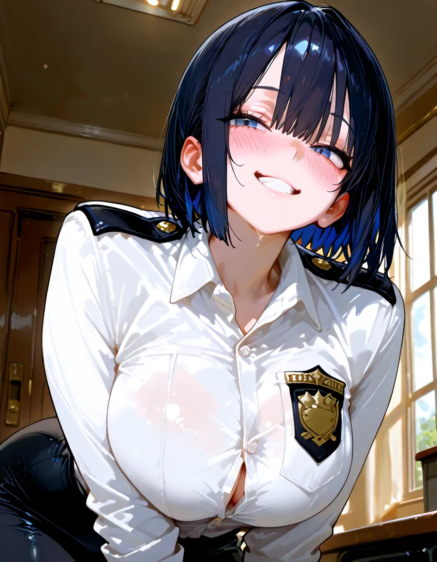 masterpiece, best quality, hyper detailed, insanely detailed, exquisite, beautiful, house, excited, shy, embarrassed, nsfw,one woman,police uniform,super tight clothes,spread legs,open mouth,naughty expression,excited,(Sex:1.7),women on top,Cowgirl sex,(Squat),Girl trembling with sexual climax,Browsing Caution ,(orgasm:1.3),(sweating:1.3) ,( 1 person),penis,large breasts,butt,muscular,big eyes,big hip,embarrassed,surprised face,ponytail,indoor,high quality,masterpiece,highly detailed,(streaked hair red),black hair,red eyes,Blue jacket,Green tie,black Robot legs