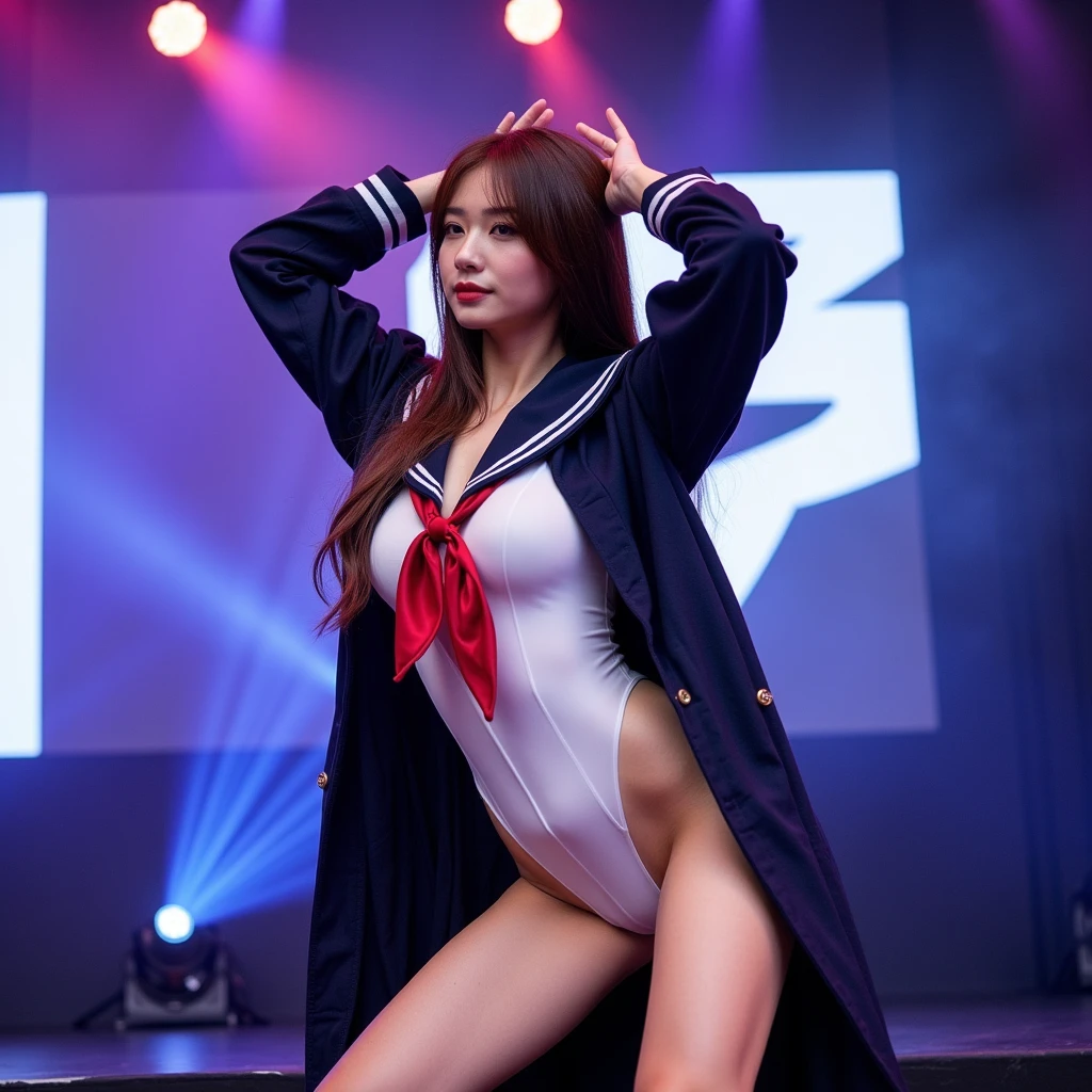 Purple-red sailor suit on a white background、Tulle skirt、23 years old, Performing on an empty stage, concert photography, Cute Core、(Bob Hair)、(((Observe the audience)))、Ribbon on head、（Natural and detailed face standing、Beautiful and detailed、Beautiful and dark lips、Very detailedな目、Detailed face、Long eyelashes）（8k resolution）、High resolution、masterpiece：1.2 )、Very detailed、((Genuine、photoGenuineistic、photoGenuineistic: 1.37))、8k、Great lighting、Bright colors、How to sit、Boldly spread your legs、((((Very correct ???????))))、(((The perfect body proportions of a gravure idol)))、((((Natural Hands、Natural Fingers))))、(((Very huge face bigger breasts)))、(((Random ??? positions)))