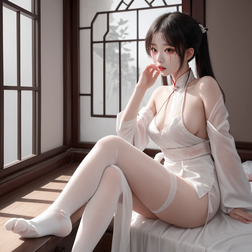 tmasterpiece,top Quority,best quailty,offcial art,Beautiful and aesthetic,A girl with,Bigchest,Only wearing a short white shirt,,Cover chest,,Get wet,Show the whole body,Bathroom bath,A coquettish expression,Wearing white silk,white colors