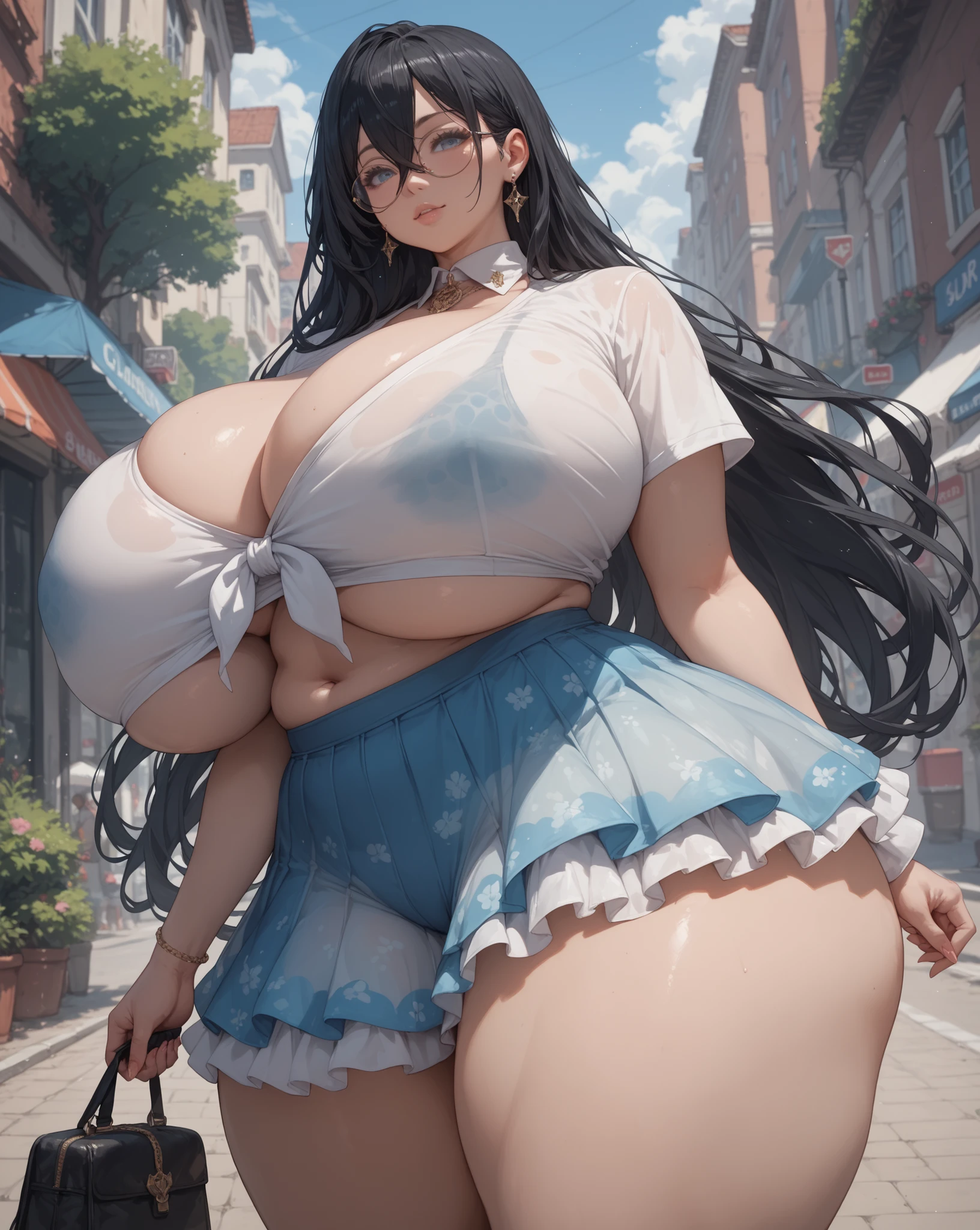 ((masterpiece)), ((Best Quality)), (ultra-detailed), ((extremely detailed)), 4K, (8K), best quality, top-quality, anime style, (best angle), 1girl, solo, The most detailed skin, (thick lines:1.2), A-line mini dress with transparent frills, Deep V-neck design, Ankle boots, Knee-high socks, Leather choker, //, (large breasts), (Slender legs), breasts falling aside, Perfect eyes, Perfect iris, //, (sexual expression), smile, blush, //, Side up hair style, Deep blue hair color, (beautiful eyes), pink-skinned, //, Park bench, children's playground equipment, families and couples walking by