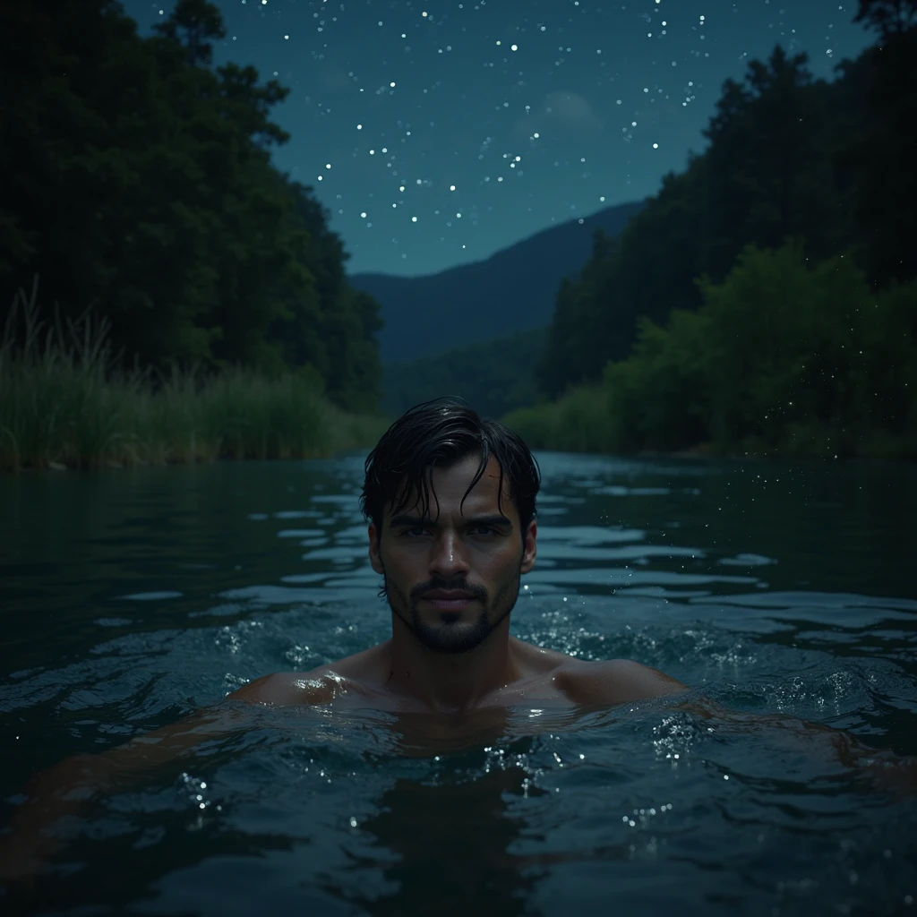 Handsome man bathing in a quiet lake on a full moon night
