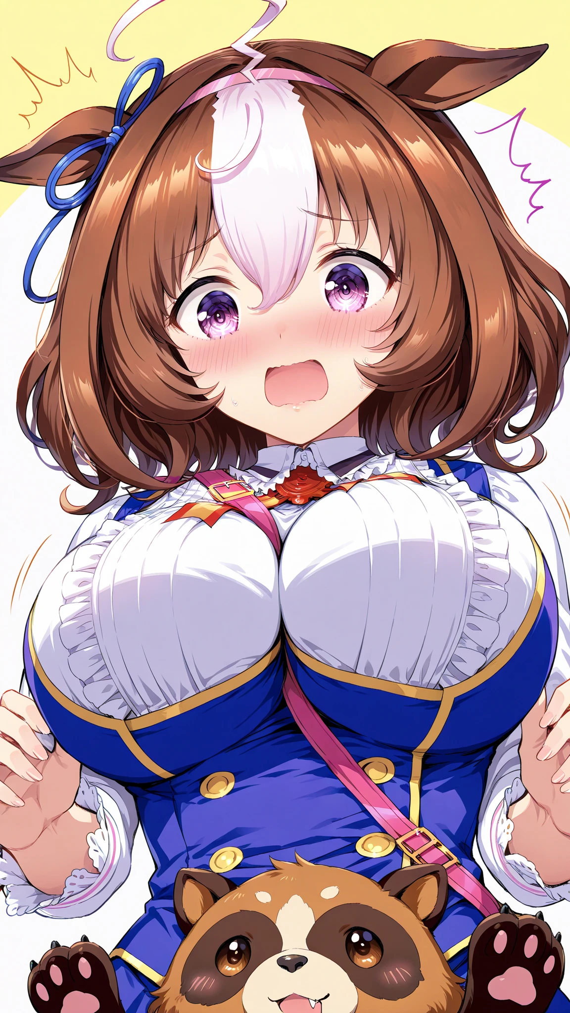 brown eyes, tan, tanlines, one-piece tan, hair ornament, brown hair, hair ornament, solo, fang, hair bobbles, short hair. two side up,, (large breasts:1.5), live stage, solo, 11years old nipple blazer uniform, Blazer skirt