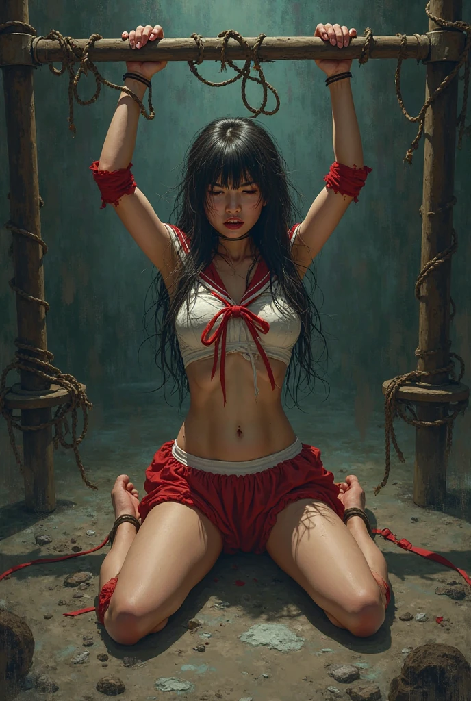 1 girl, realisitic, Raw photo, japanaese girl, (fullnude:1.9), (Beautiful and cute face:1.4), 18year old, bobhair, Black hair、(Crucifixion struck by a freezing waterfall:1.8), (Arms and legs are tied to the cross with barbed wire:1.5)、(Severe winter season:1.2)、not any dressed、exposing their genitals