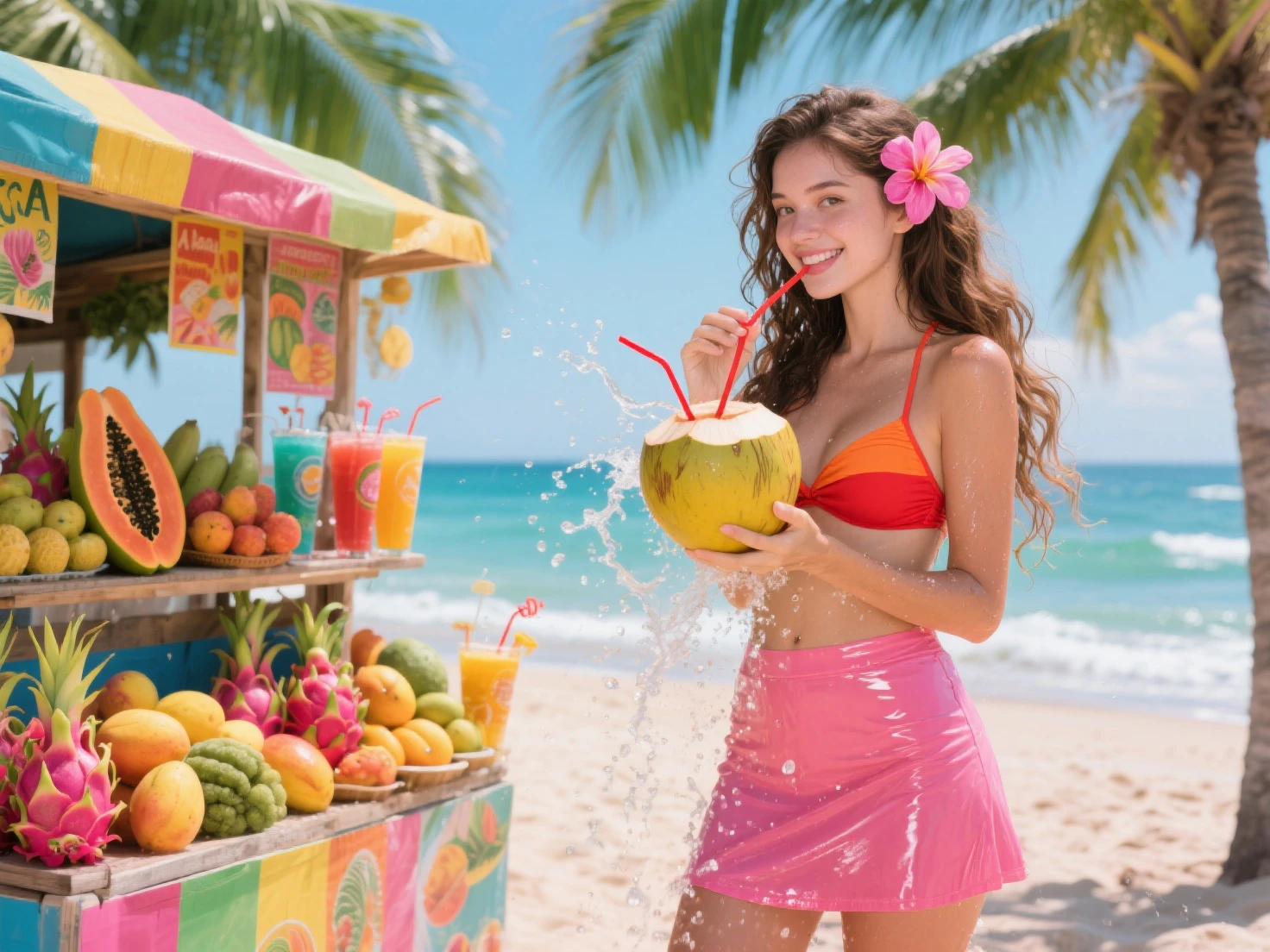 Idol girl covered in fresh fruit、whole body、Good style、、、Colorful fruit swimsuit、、、Cute fruit jacket、、A pool filled with lots of fruit