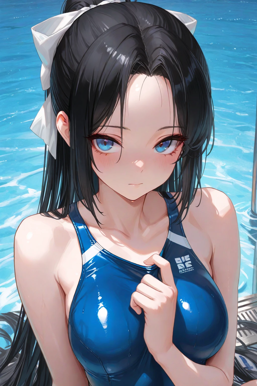 masterpiece、highest quality、High resolution、Two realistic girls、Competitive swimmer、Close-up of a person、Wearing a blue bodysuit、During Competitive swimmerics competitions、smile、Swimming Venues、Sexy competitive swimsuit