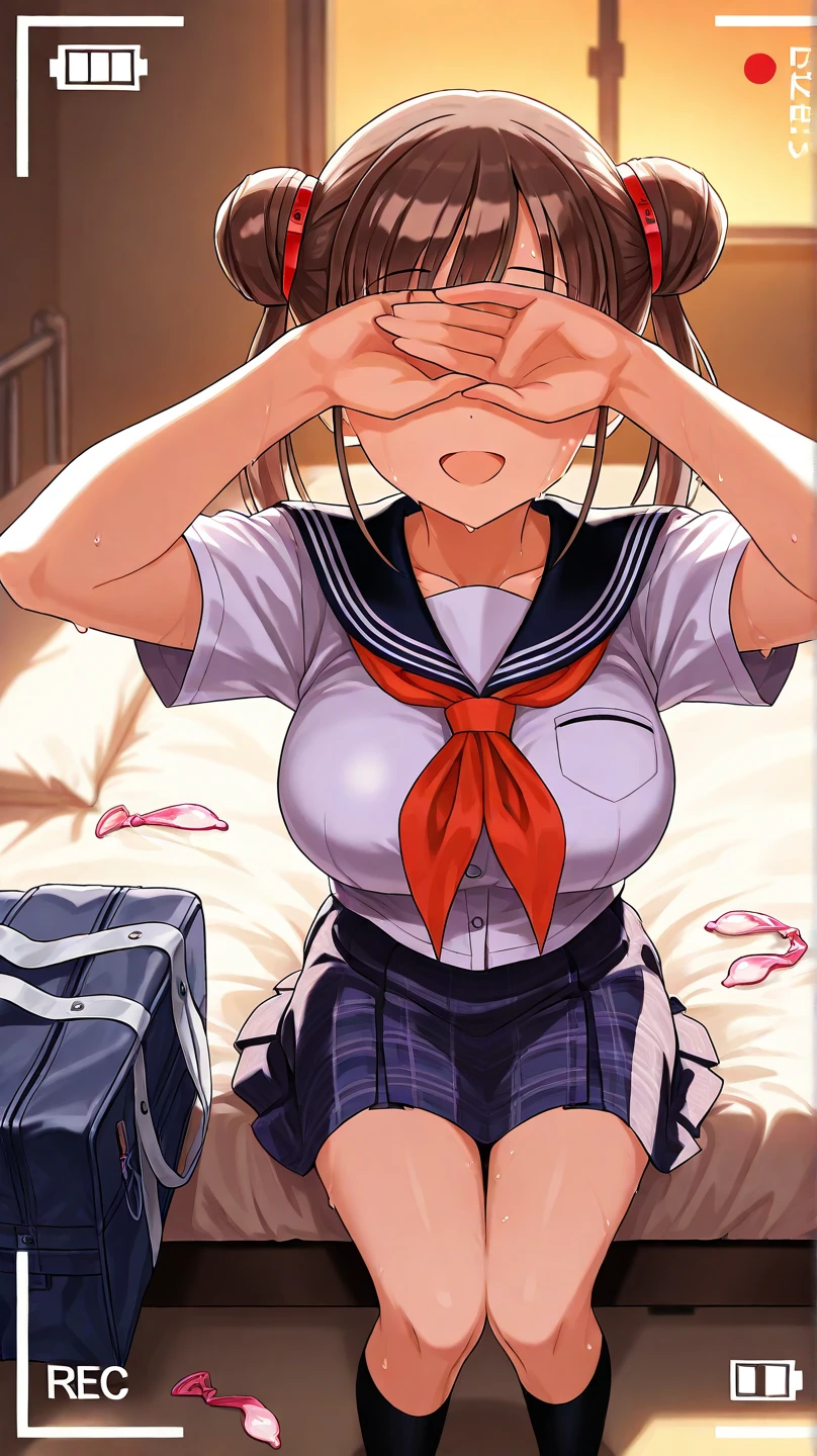 masterpiece,Highest quality,Browsing Caution,blouse, Pleated skirt,Side Ponytail,vagina,Sex,throw,At the bed,(behind),Dressed,(Half closed eyes),housewife,Disgust,Cry,Pale face,semen,Sweat