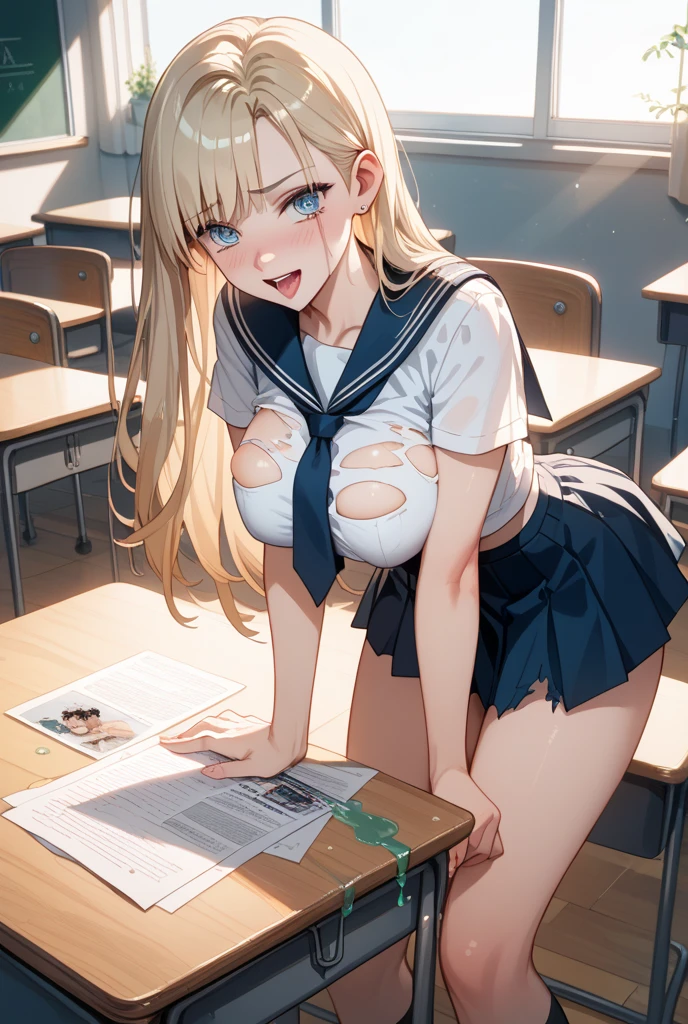 (1woman), school, blonde full bangs hair, eyes dark blue eyes, cute kawaii, panties white panties, necklace, nipples, flat chest, BREAK, white sailor fuku, at classroom